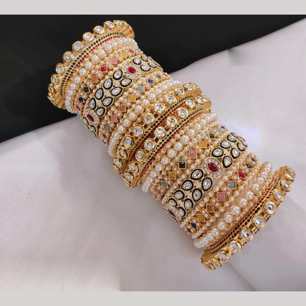 Lucentarts Jewellery Gold Plated Kundan And Crystal Stone Pearl Bangles Set