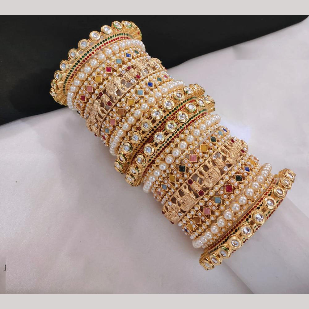 Lucentarts Jewellery Gold Plated Kundan And Crystal Stone Pearl Bangles Set