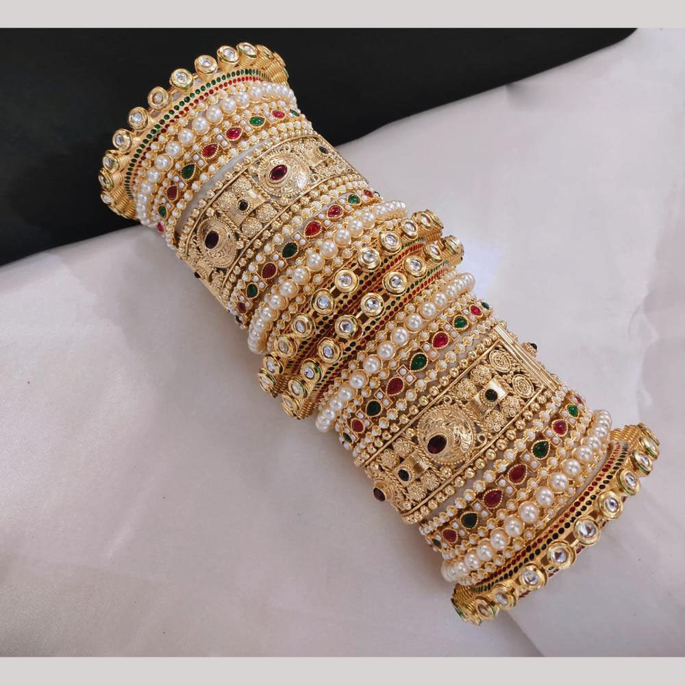 Lucentarts Jewellery Gold Plated Kundan And Pearl Bangles Set