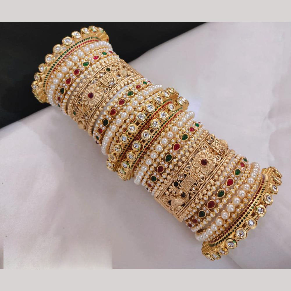 Lucentarts Jewellery Gold Plated Kundan And Pearl Bangles Set