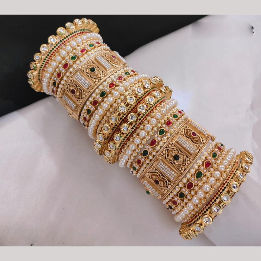 Lucentarts Jewellery Gold Plated Kundan And Pearl Bangles Set