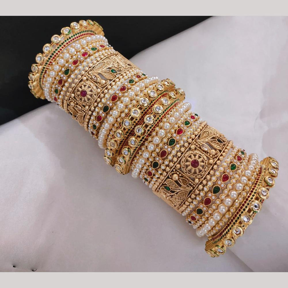 Lucentarts Jewellery Gold Plated Kundan And Pearl Bangles Set