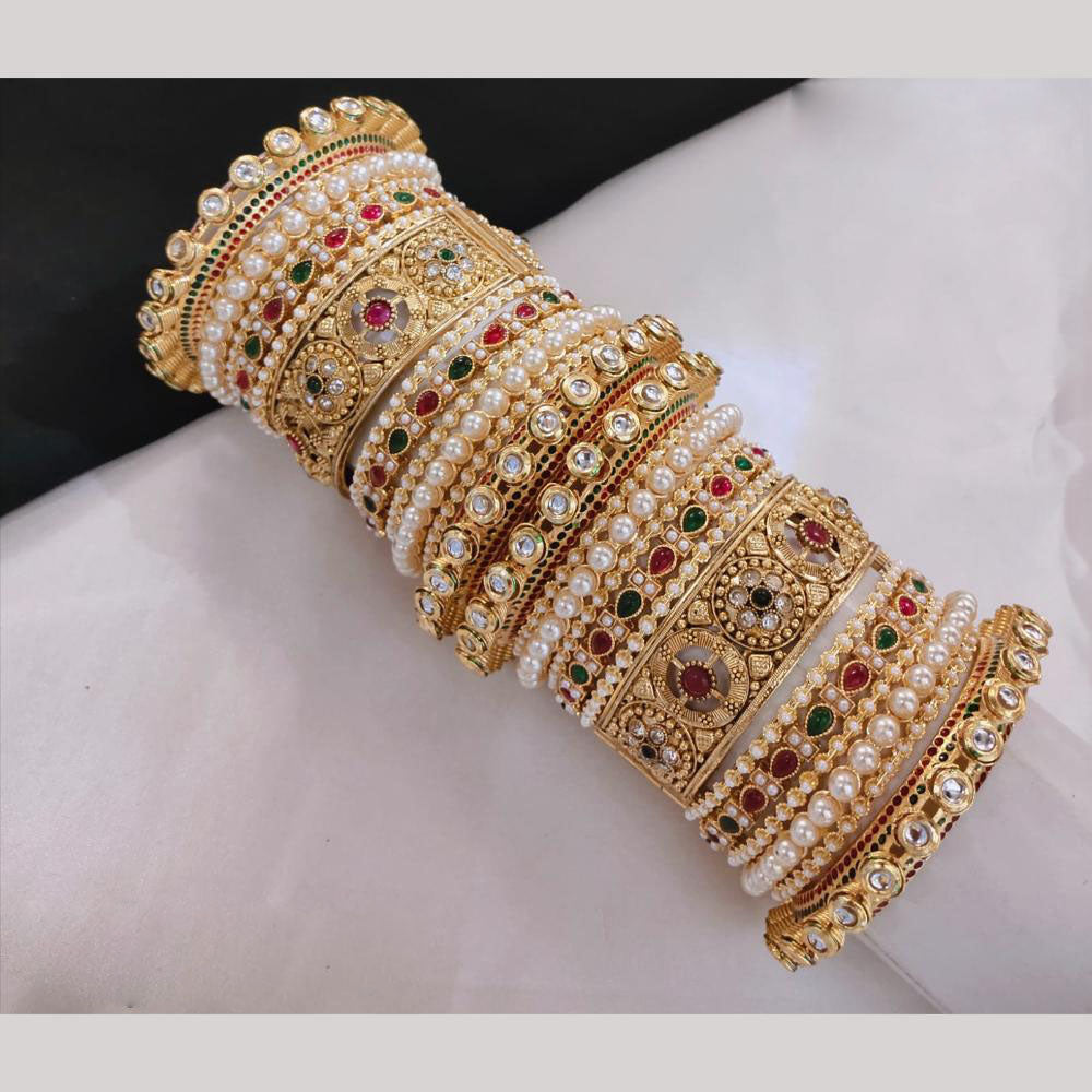 Lucentarts Jewellery Gold Plated Kundan And Pearl Bangles Set