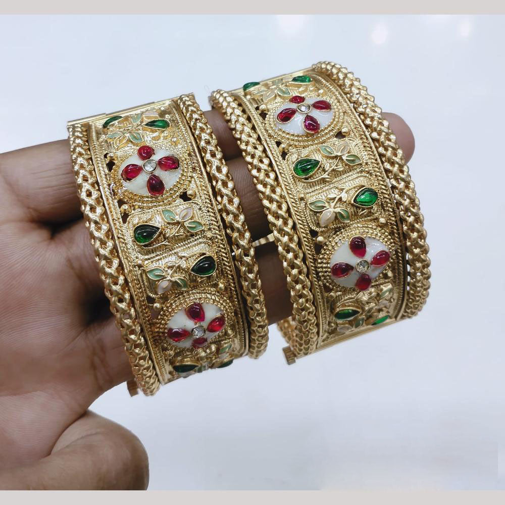 Lucentarts Jewellery Gold Plated Pota Stone And Meenakari Openable Bangles Set
