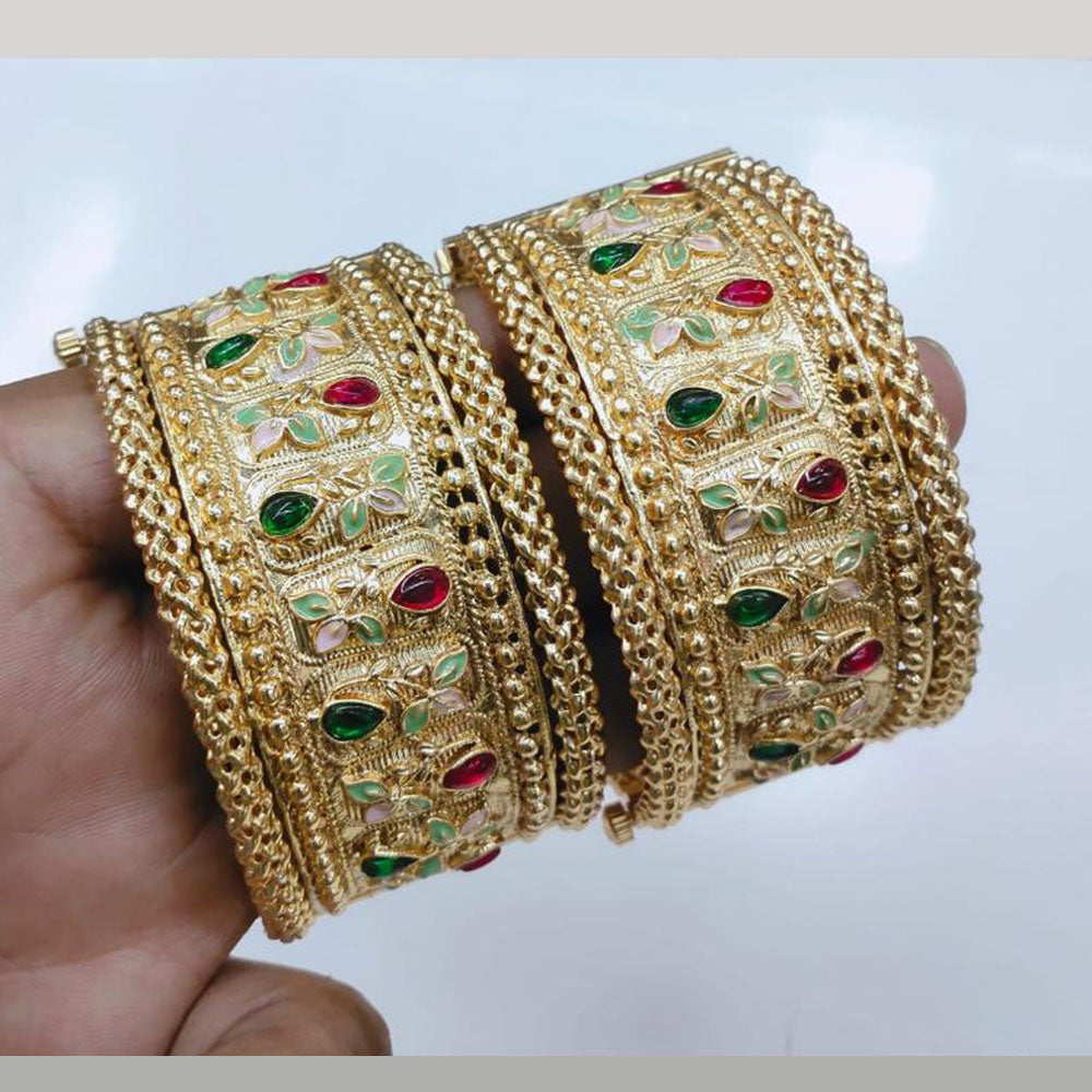 Lucentarts Jewellery Gold Plated Pota Stone And Meenakari Openable Bangles Set
