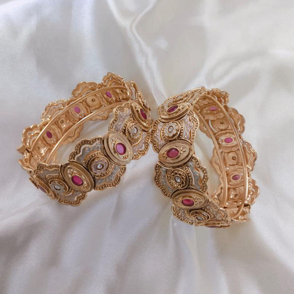 Lucentarts Jewellery Gold Plated Pota Stone And Meenakari Openable Bangles Set