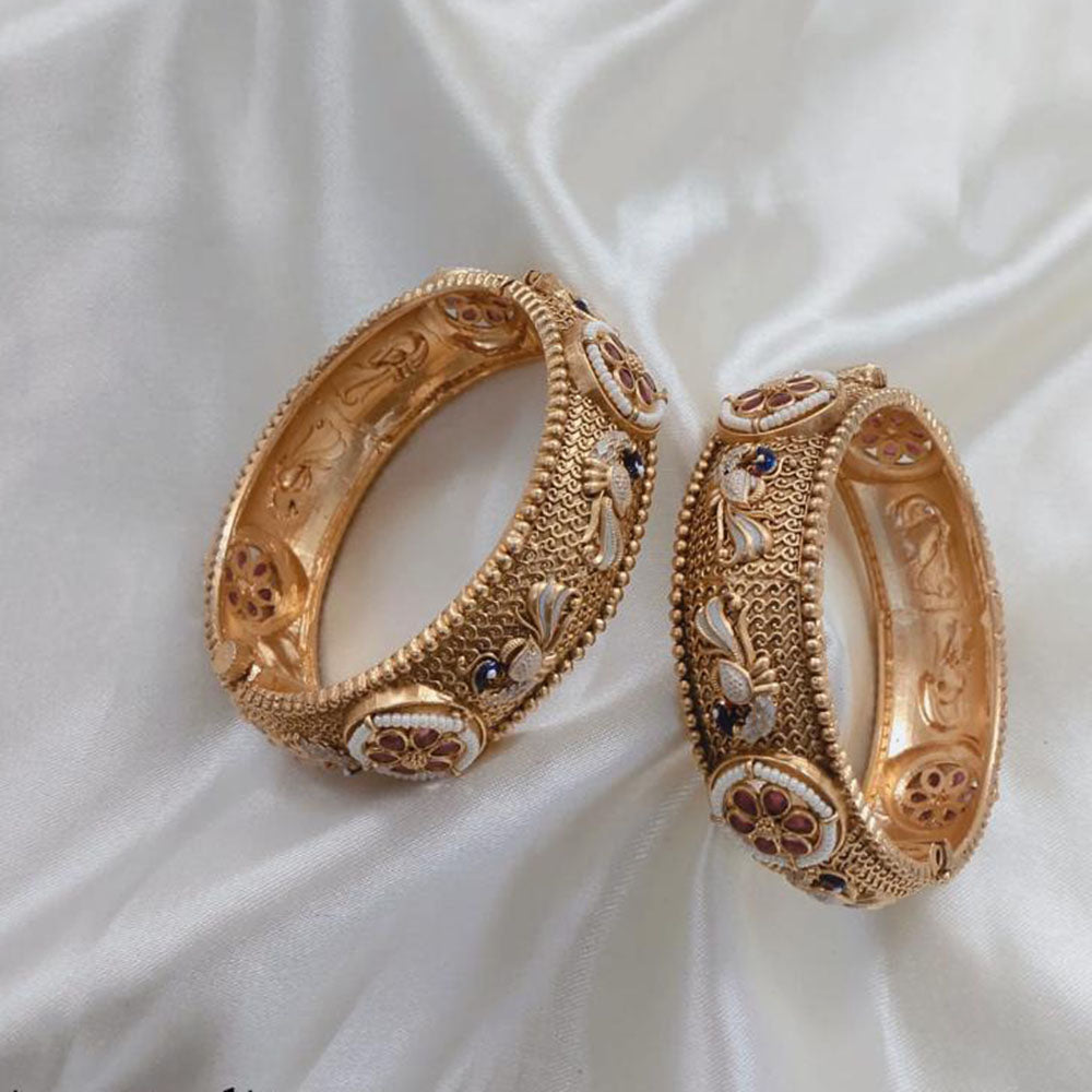 Lucentarts Jewellery Gold Plated Pota Stone And Meenakari Openable Bangles Set