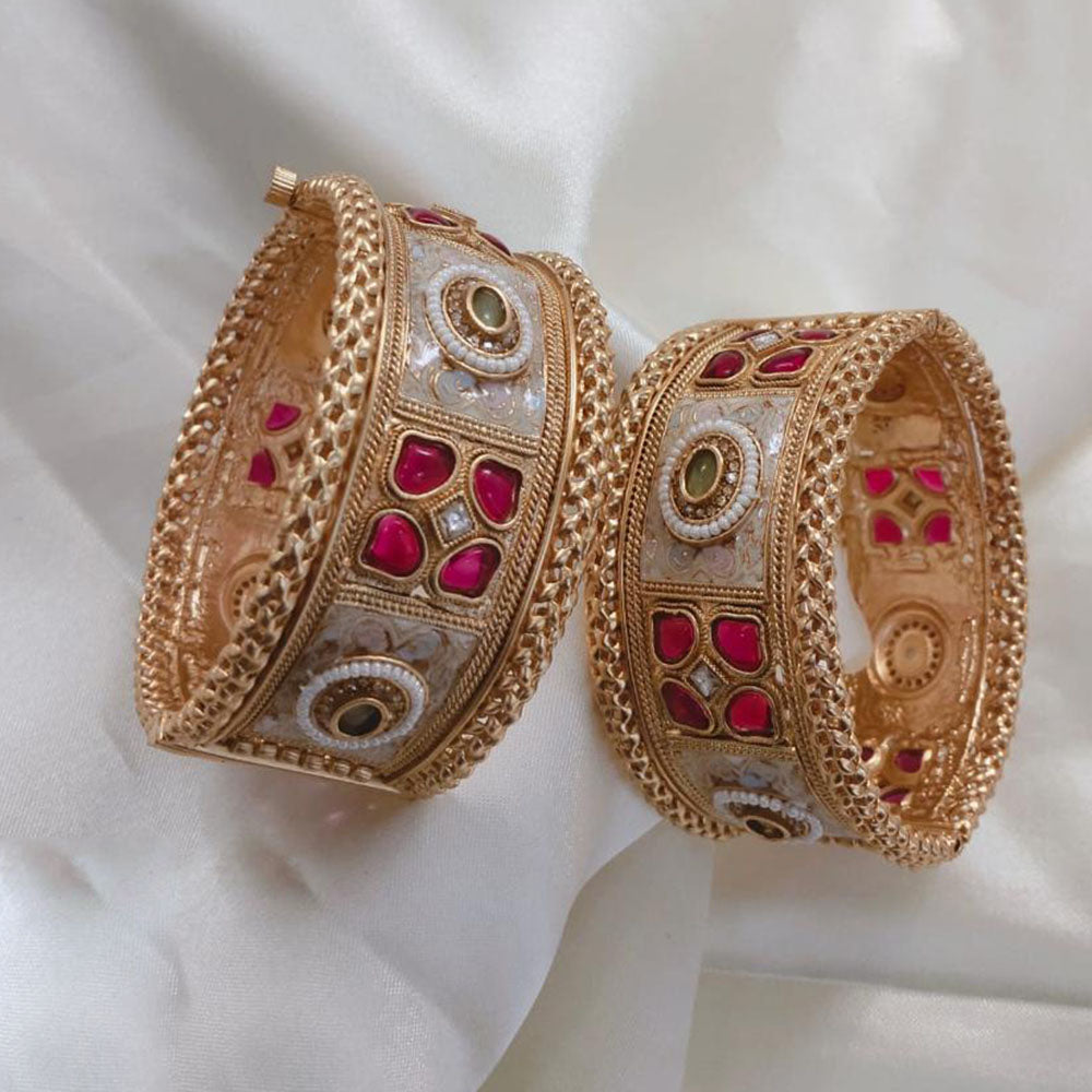 Lucentarts Jewellery Gold Plated Pota Stone And Pearl Meenakari Openable Bangles Set