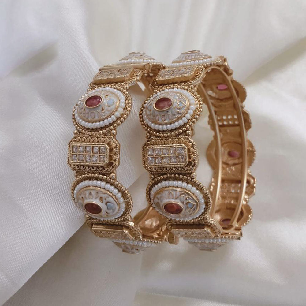 Lucentarts Jewellery Gold Plated Pota Stone And Pearl Meenakari Openable Bangles Set