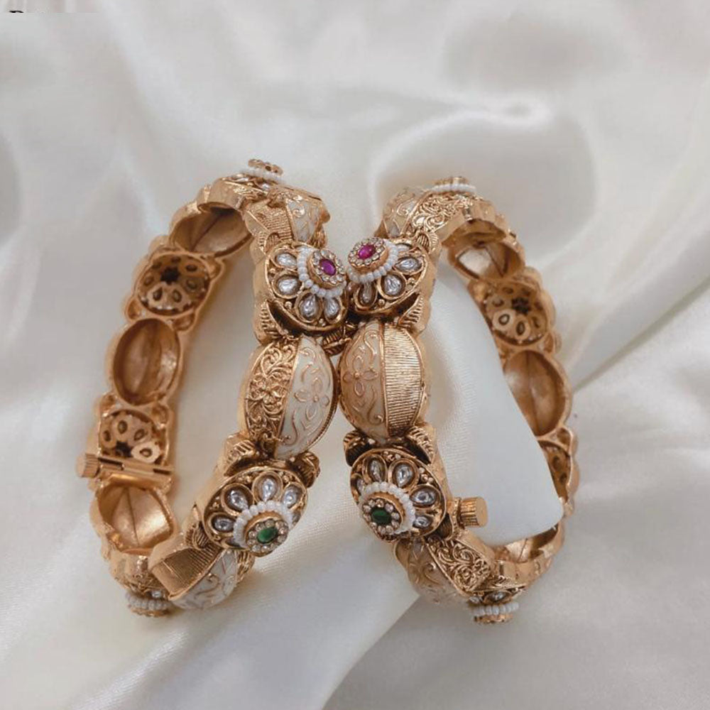 Lucentarts Jewellery Gold Plated Pota Stone And Pearl Meenakari Openable Bangles Set