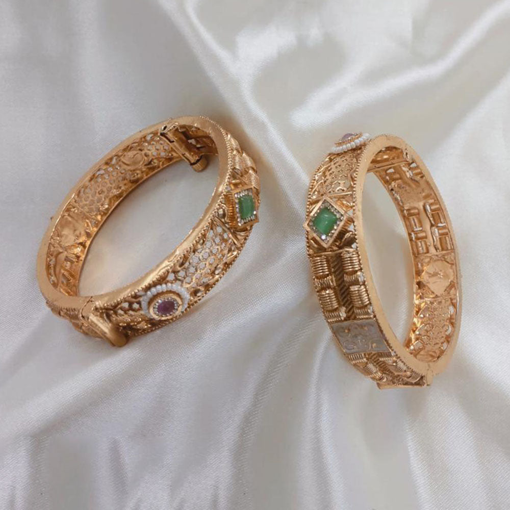 Lucentarts Jewellery Gold Plated Pota Stone And Pearl Meenakari Openable Bangles Set