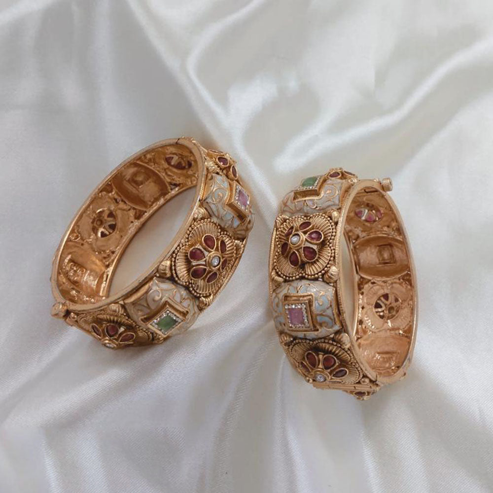 Lucentarts Jewellery Gold Plated Pota Stone And Meenakari Openable Bangles Set