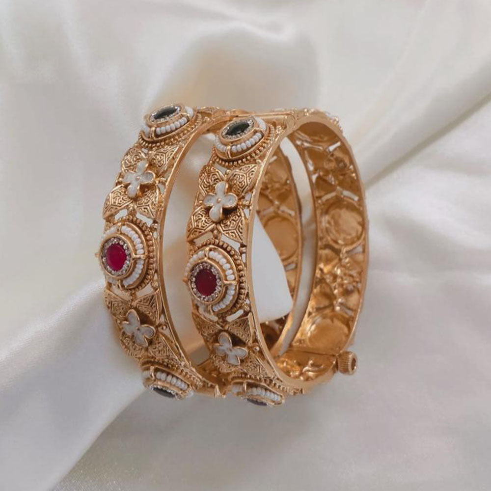 Lucentarts Jewellery Gold Plated Pota Stone And Pearl Meenakari Openable Bangles Set