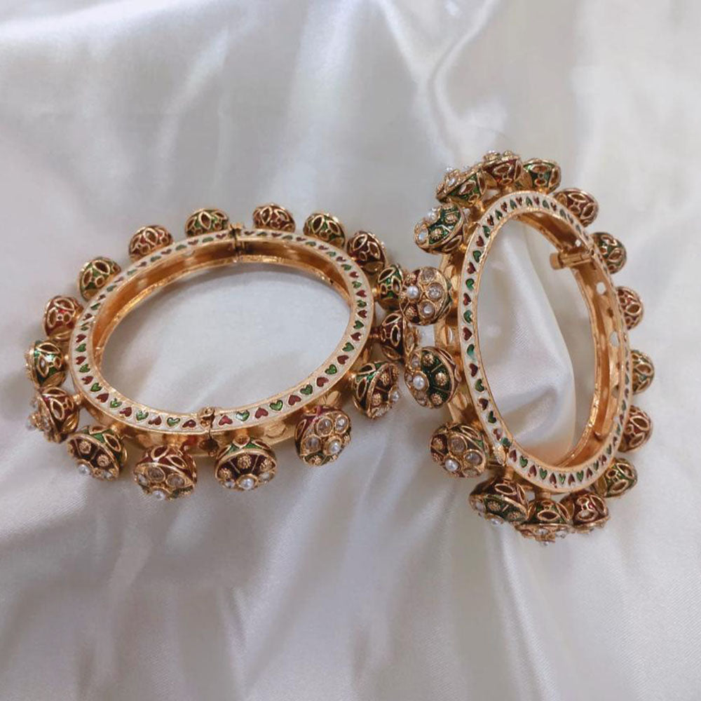 Lucentarts Jewellery Gold Plated Pota Stone And Pearl Meenakari Openable Bangles Set