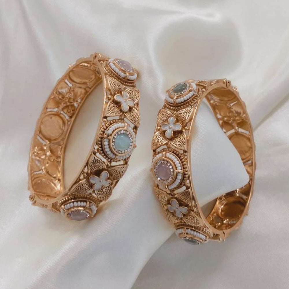 Lucentarts Jewellery Gold Plated Pota Stone And Pearl Meenakari Openable Bangles Set