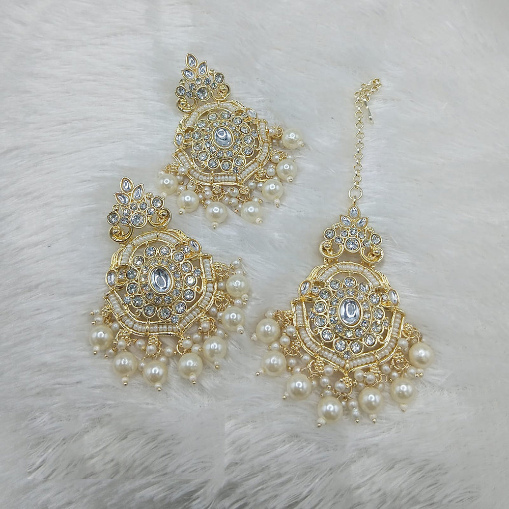 Lucentarts Jewellery Gold Plated Kundan And Pearls Dangler Earrings With Maangtikka