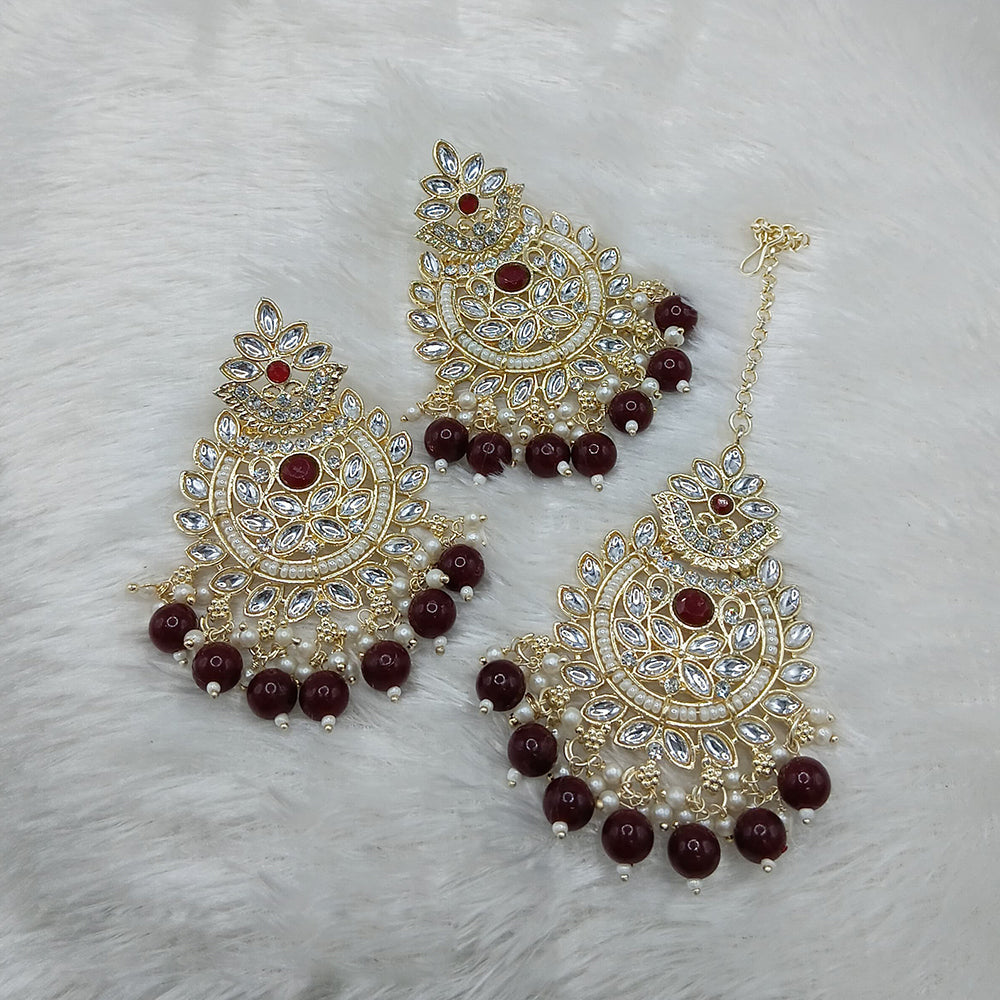 Lucentarts Jewellery Gold Plated Kundan And Beads Dangler Earrings With Maangtikka