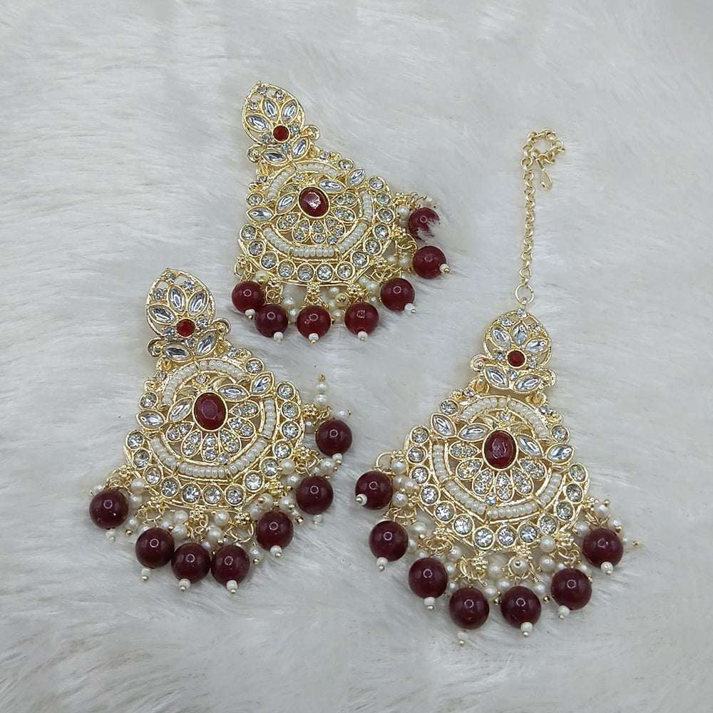 Lucentarts Jewellery Gold Plated Kundan And Beads Dangler Earrings With Maangtikka