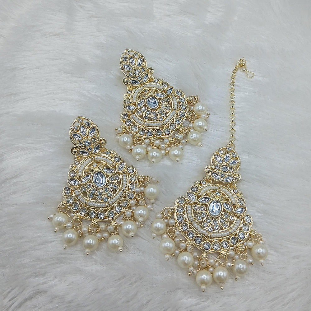 Lucentarts Jewellery Gold Plated Kundan And Beads Dangler Earrings With Maangtikka