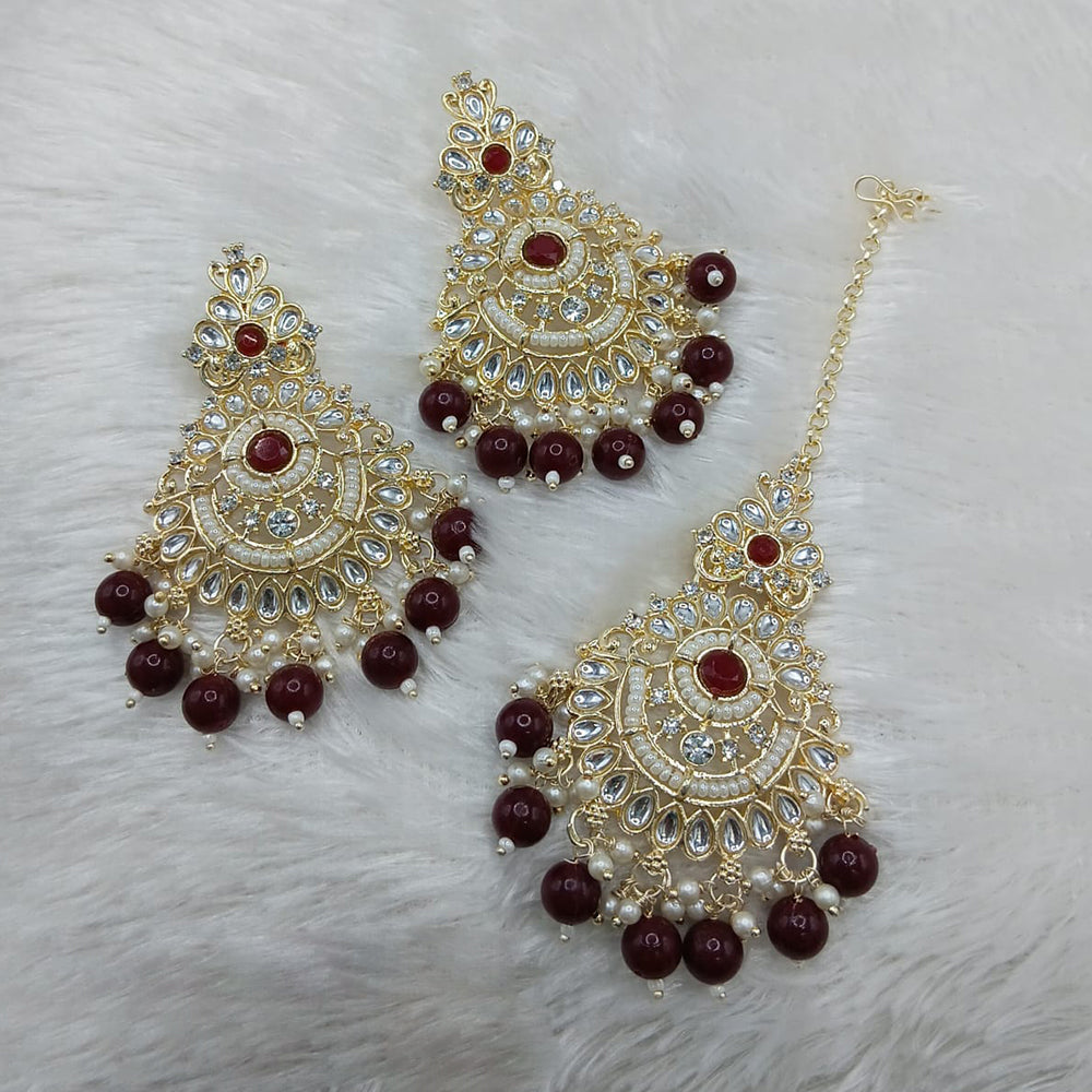 Lucentarts Jewellery Gold Plated Kundan And Beads Dangler Earrings With Maangtikka