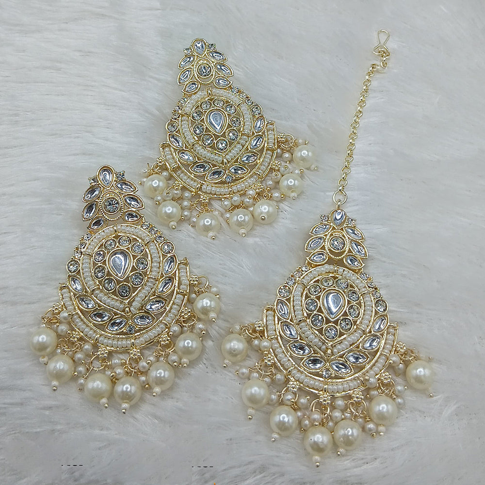 Lucentarts Jewellery Gold Plated Kundan And Beads Dangler Earrings With Maangtikka