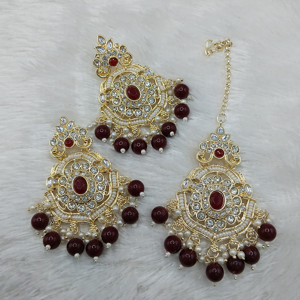 Lucentarts Jewellery Gold Plated Kundan And Beads Dangler Earrings With Maangtikka