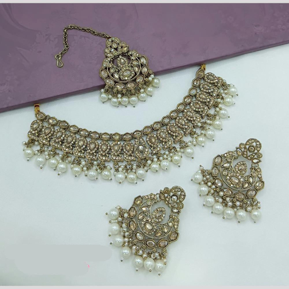 Lucentarts Jewellery Gold Plated Crystal Stone And Beads Choker Necklace Set
