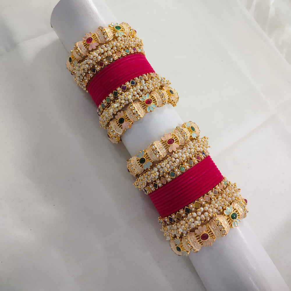 Lucentarts Jewellery Gold Plated Pota Stone And Pearl Meenakari Bangles Set