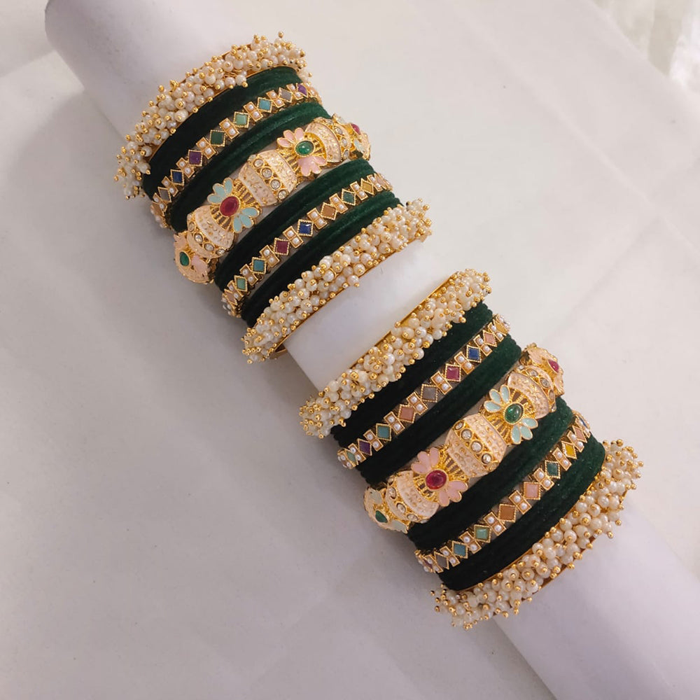 Lucentarts Jewellery Gold Plated Pota Stone And Pearl Meenakari Bangles Set