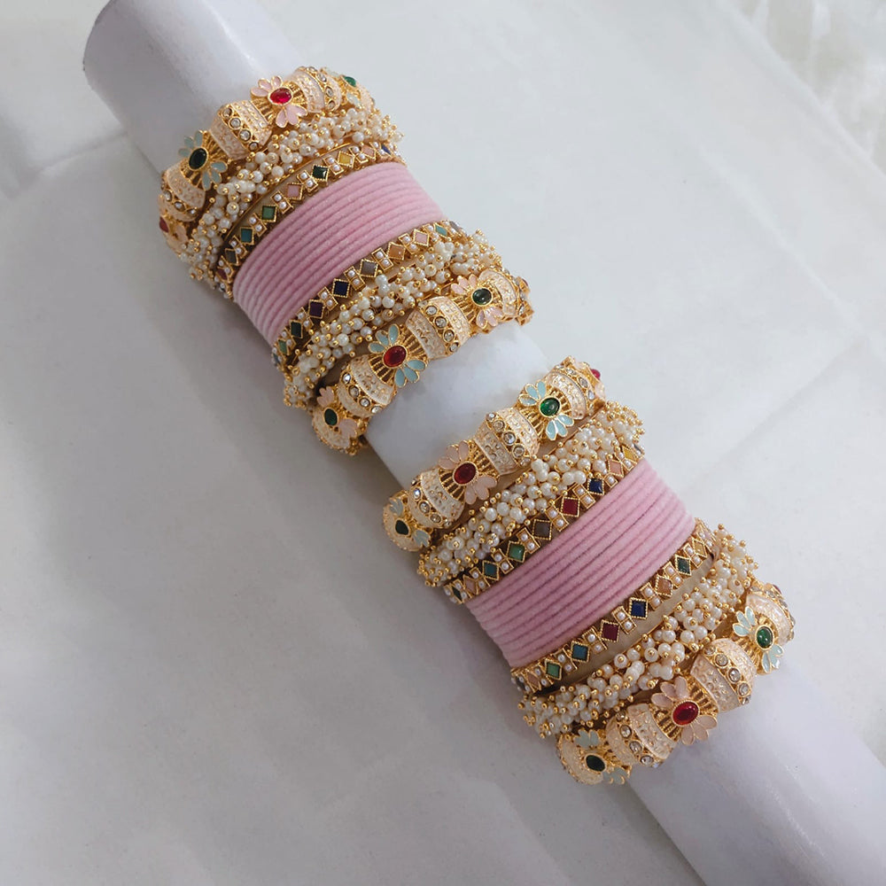 Lucentarts Jewellery Gold Plated Pota Stone And Pearl Meenakari Bangles Set