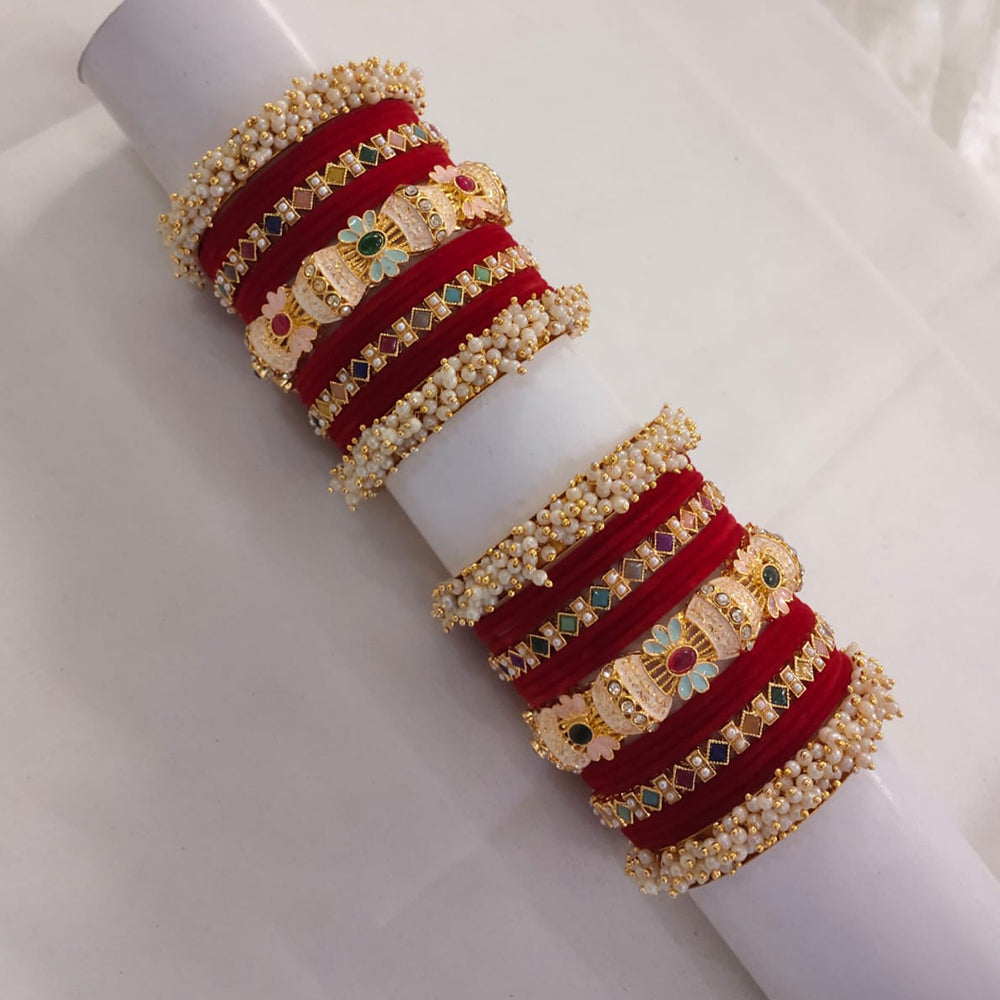 Lucentarts Jewellery Gold Plated Pota Stone And Pearl Meenakari Bangles Set