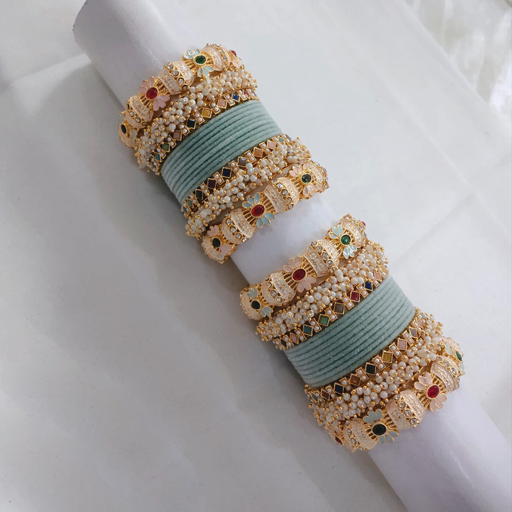 Lucentarts Jewellery Gold Plated Pota Stone And Pearl Meenakari Bangles Set