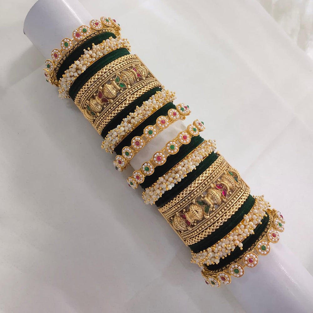 Lucentarts Jewellery Gold Plated Pota Stone And Pearl Meenakari Bangles Set