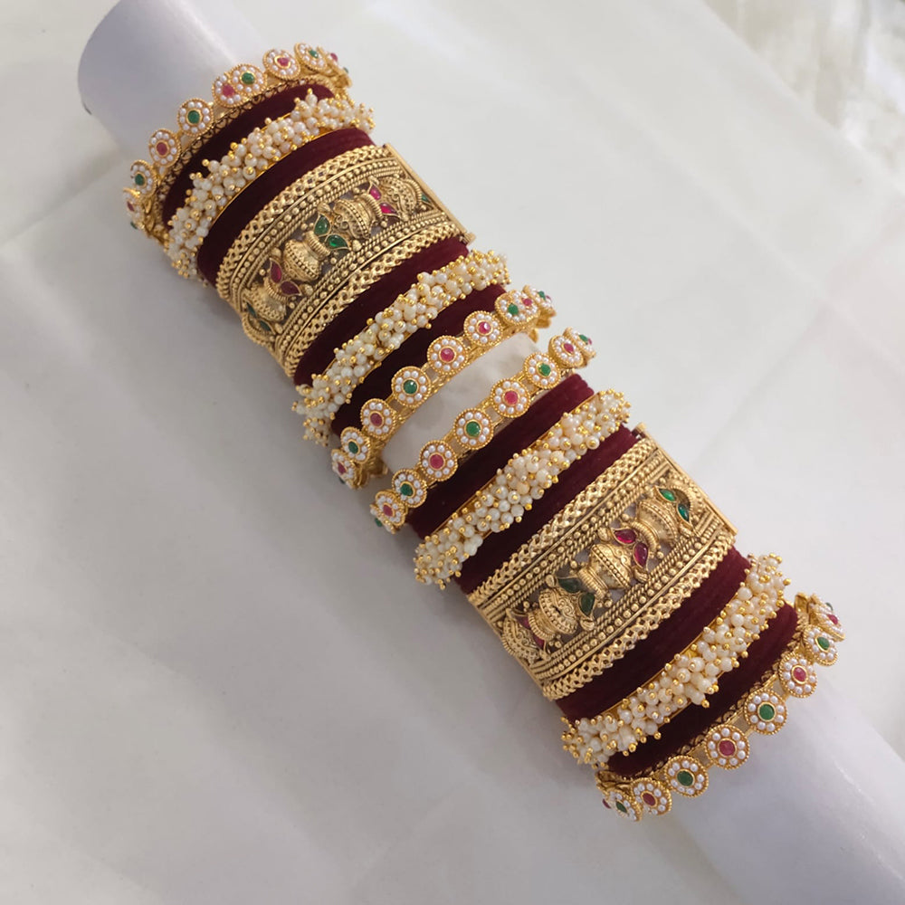 Lucentarts Jewellery Gold Plated Pota Stone And Pearl Meenakari Bangles Set