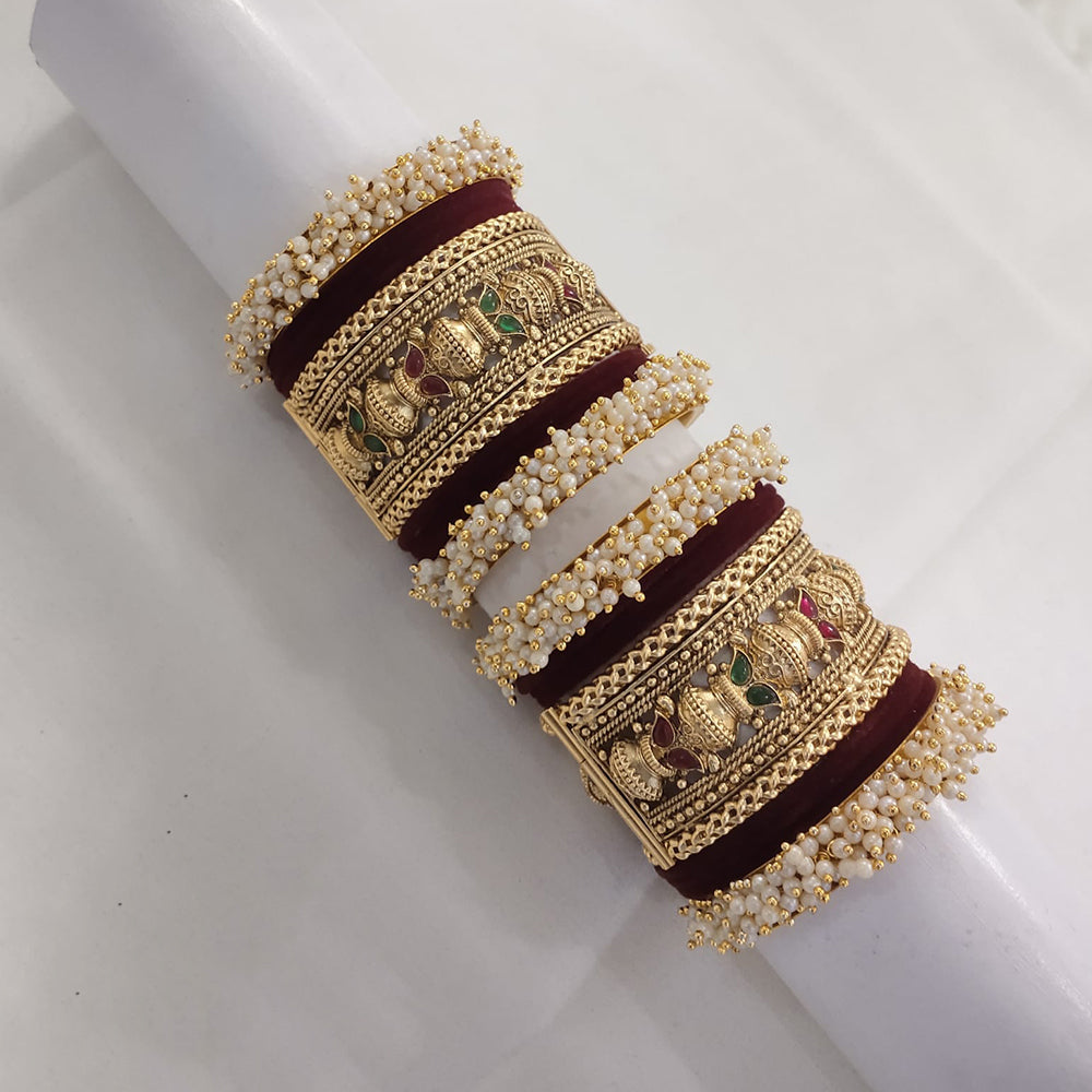 Lucentarts Jewellery Gold Plated Pota Stone And Pearl Meenakari Bangles Set