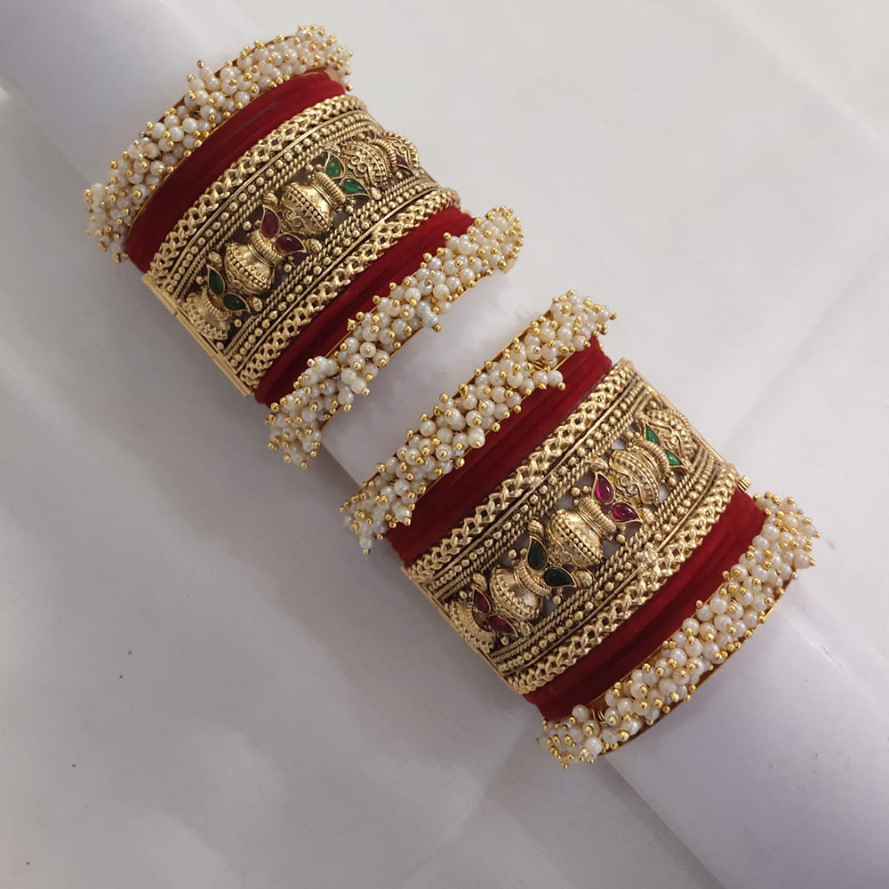 Lucentarts Jewellery Gold Plated Pota Stone And Pearl Meenakari Bangles Set