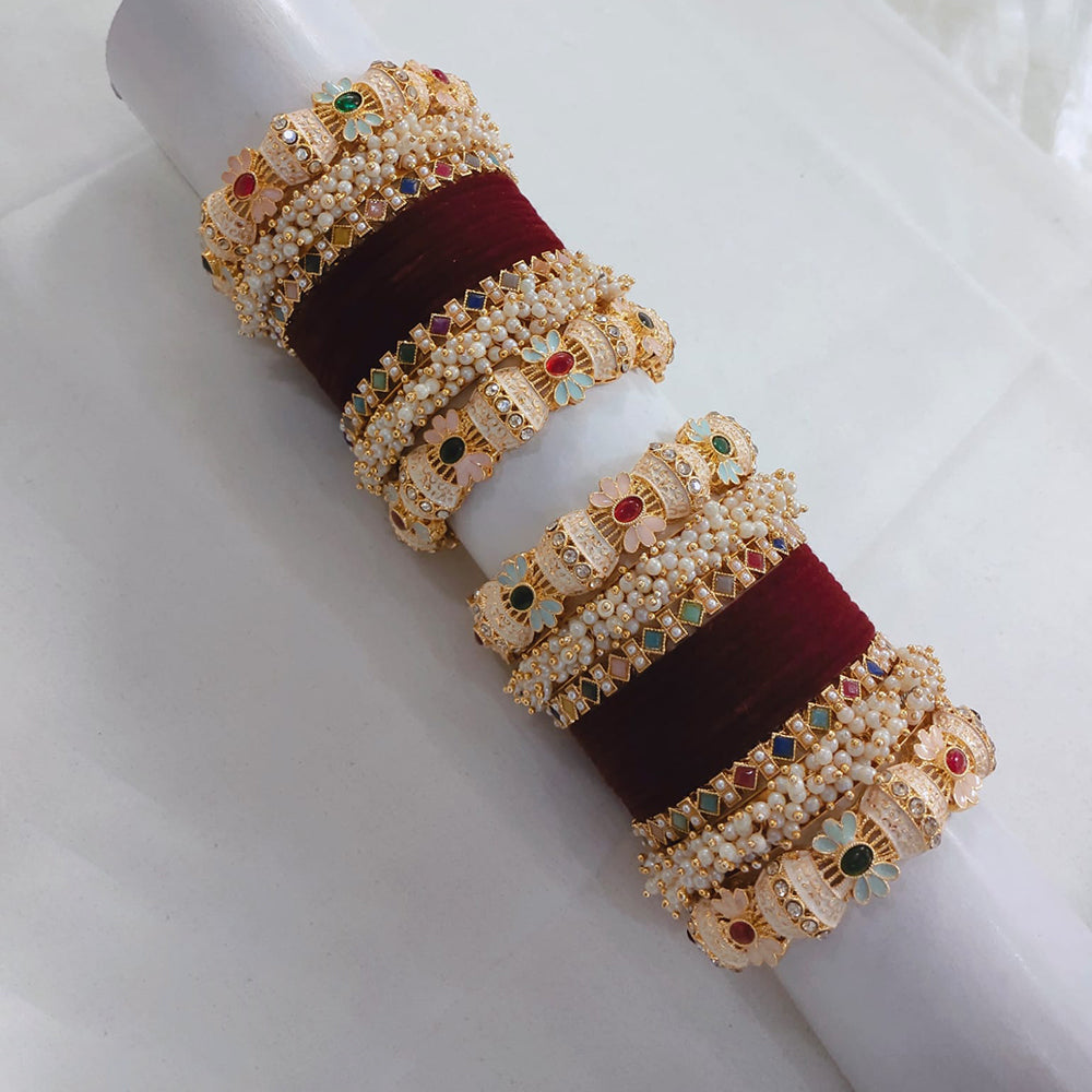 Lucentarts Jewellery Gold Plated Pota Stone And Pearl Meenakari Bangles Set