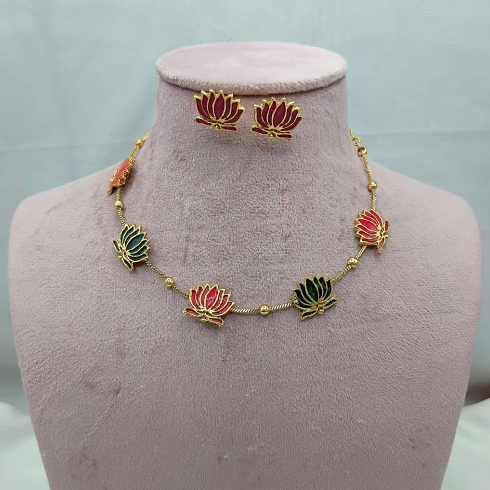 Lucentarts Jewellery Lotus Design Meenakari Necklace Set