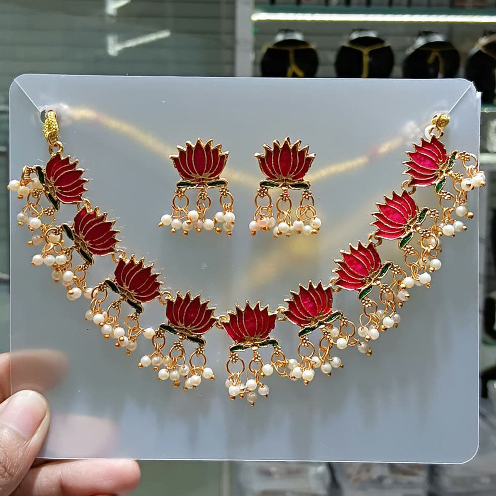 Lucentarts Jewellery Lotus Design Meenakari And Pearl Necklace Set