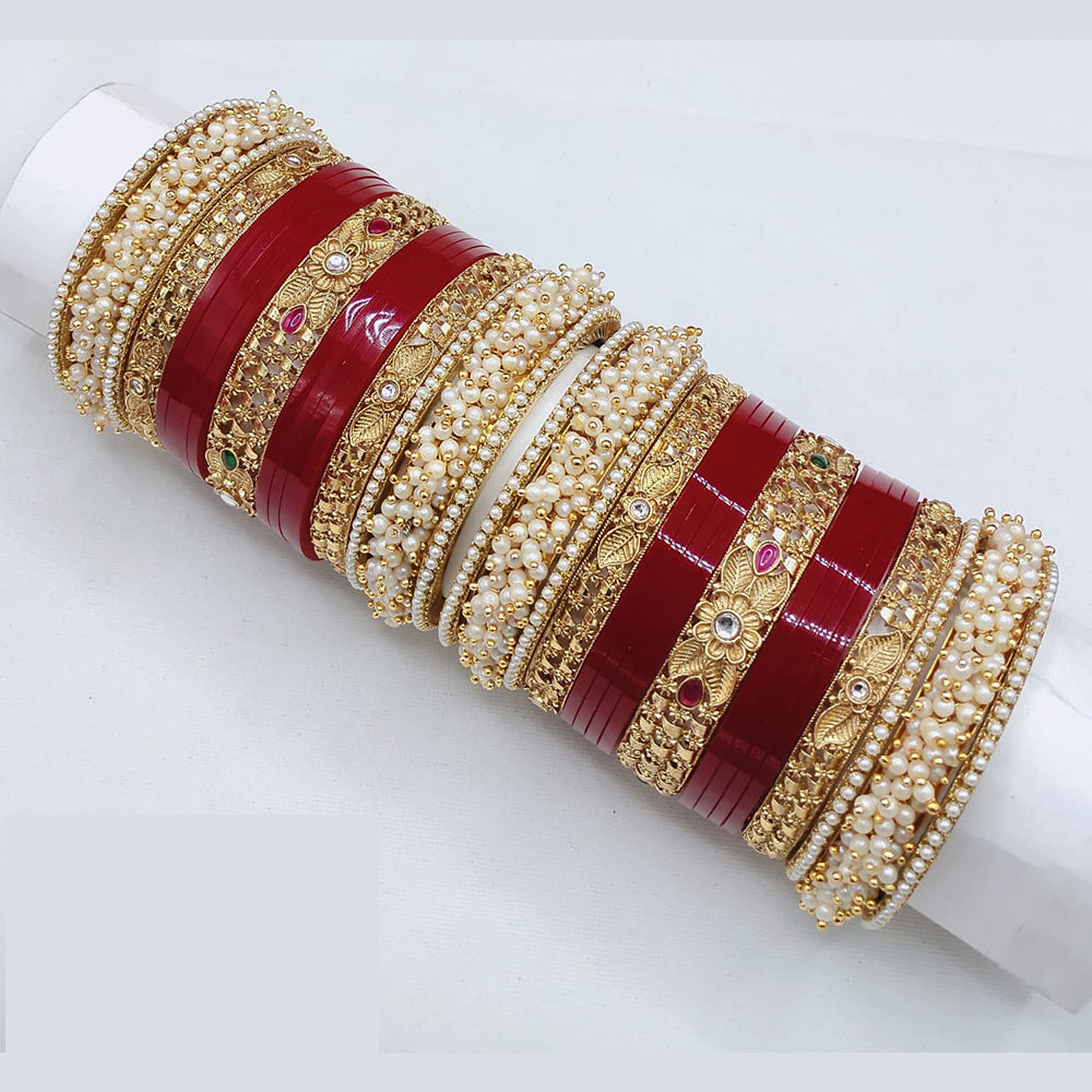 Lucentarts Jewellery Premium Kundan  Stone And Pearl Acrylic Bridal Bangles Set
