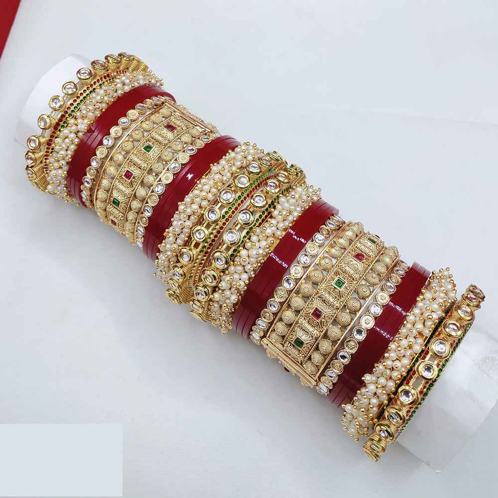 Lucentarts Jewellery Premium Kundan  Stone And Pearl Acrylic Bridal Bangles Set