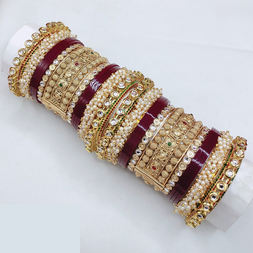 Lucentarts Jewellery Premium Kundan  Stone And Pearl Acrylic Bridal Bangles Set