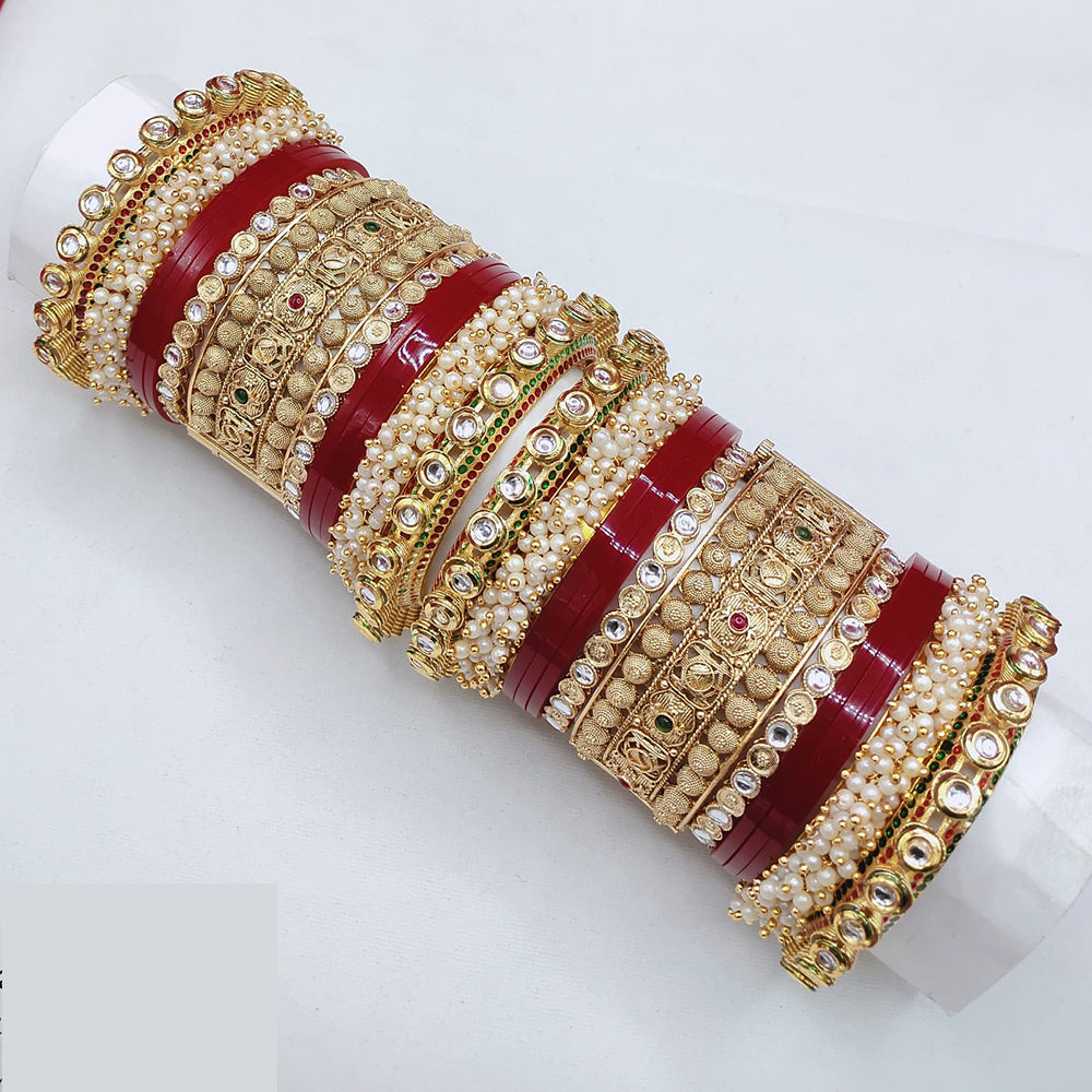 Lucentarts Jewellery Premium Kundan  Stone And Pearl Acrylic Bridal Bangles Set