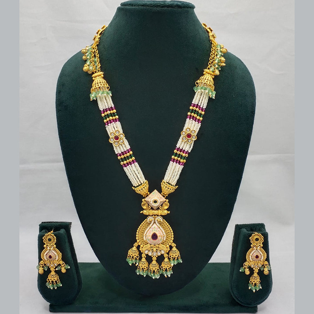 Lucentarts Jewellery Exquisite Kundan Stone and Pearl Long Necklace Set With Meenakari Work