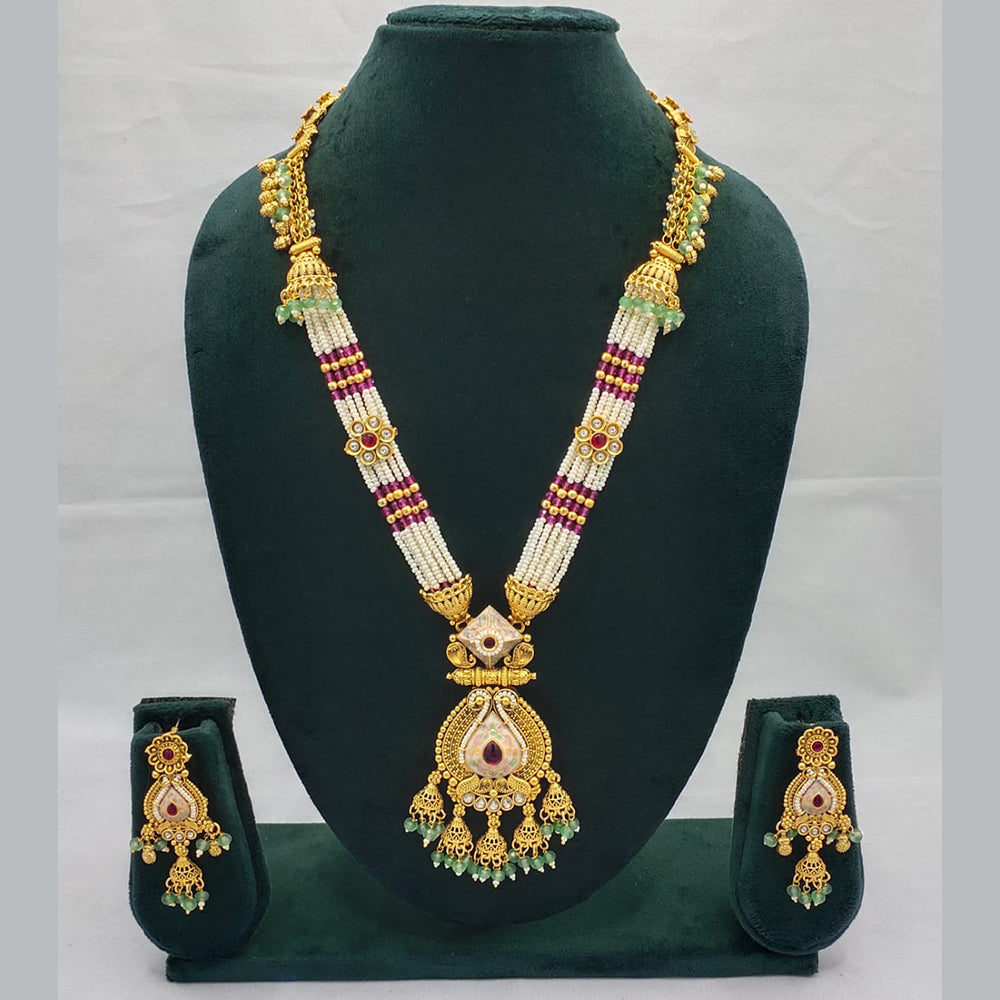 Lucentarts Jewellery Exquisite Kundan Stone and Pearl Long Necklace Set With Meenakari Work