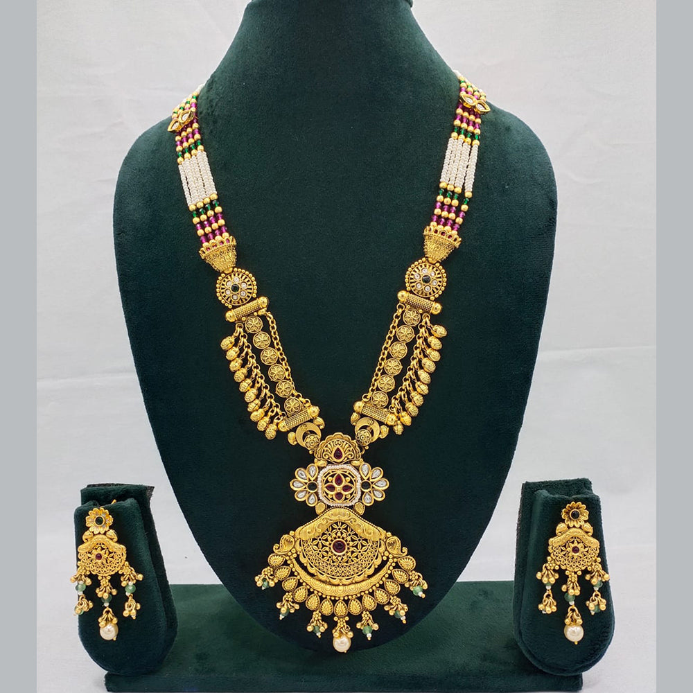 Lucentarts Jewellery Exquisite Kundan Stone and Pearl Long Necklace Set With Meenakari Work
