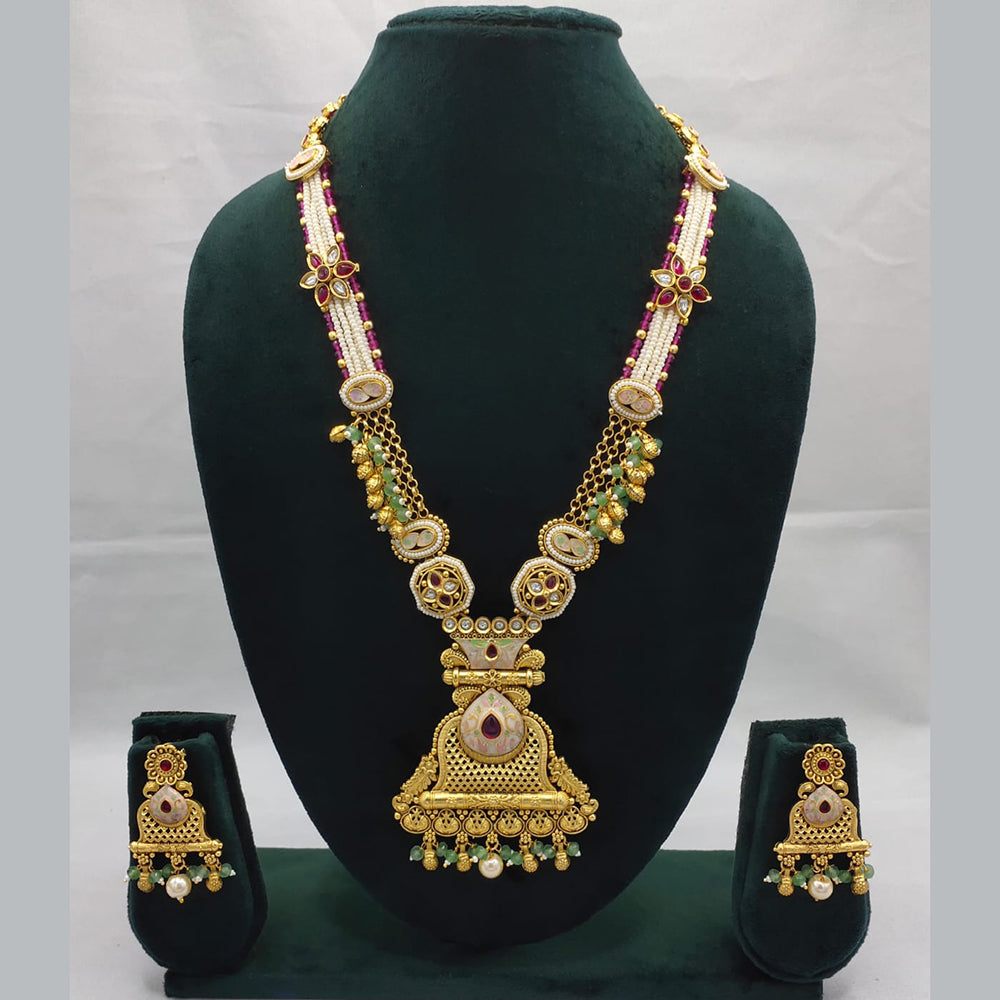 Lucentarts Jewellery Exquisite Kundan Stone and Pearl Long Necklace Set With Meenakari Work