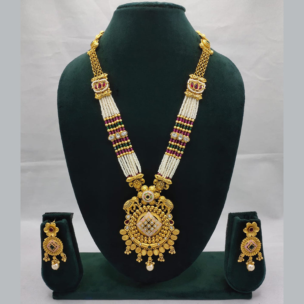 Lucentarts Jewellery Exquisite Kundan Stone and Pearl Long Necklace Set With Meenakari Work