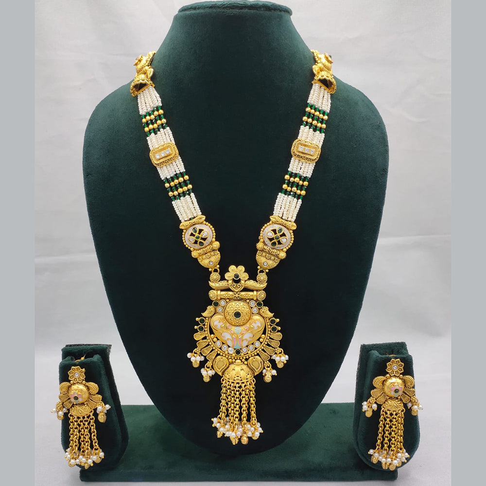 Lucentarts Jewellery Exquisite Kundan Stone and Pearl Long Necklace Set With Meenakari Work