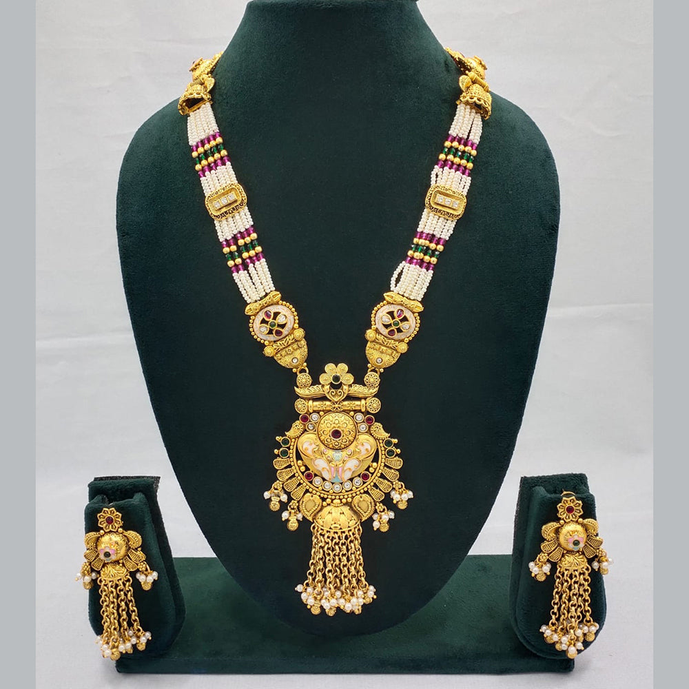 Lucentarts Jewellery Exquisite Kundan Stone and Pearl Long Necklace Set With Meenakari Work